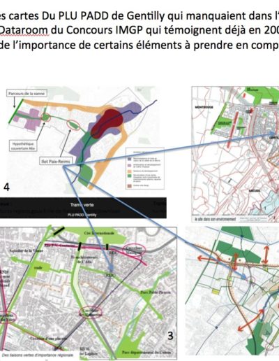 Cartes extraites du diagnostic et du PLU PADD 2007 de Gentilly (en cours). Lien et voir dossier PADD en particulier. https://www.ville-gentilly.fr/au-quotidien/cadre-de-vie/amenagement-et-urbanisme/plan-local-durbanisme-plu