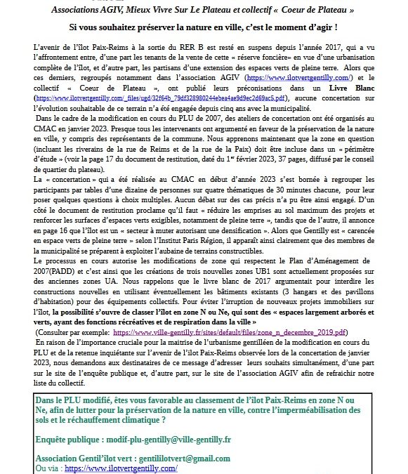 Communiqué des Assos AGIV, Mieux Vivre Sur Le Plateau et collectif « Coeur de Plateau