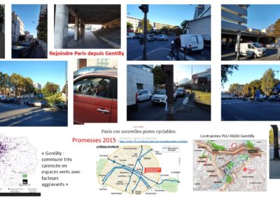 Se rendre au travail dans Paris. Les promesses parisiennes non tenues : Aménagement de la Porte de Gentilly : un croisement d'entrée de l'autoroute A6A et entrée-sorties de périphérique, jouxtant l'entrée d ville et le seul passage via Paul Vaillant Couturier au RER B, sans bus parisien et sans piste cyclable, avec un parking relai créé sous Charletty pour désengorger Paris. Il y a... longtemps.... EN 2002, Gentilly et Paris décident de réaménager ensemble la porte de Gentilly qui voit passer 37 000 voitures par jour. Il était prévu une piste cyclable et un allongement de la voie des bus 21 et/ou 67 jusqu'au carrefour devant Ipsos. Dans les faits, ni piste cyclable, ni voies de bus. En 2015, on peut lire : "ce programme d’aménagements routiers a été voté par la Ville en avril 2015. Il se traduira par la création de 45 km de grands axes cyclables sécurisés (du nord au sud, d’est en ouest et le long de la Seine) conçues pour « doper » la pratique du vélo en ville. (...) à la mairie, on promet un changement de braquet dans le rythme des aménagements au 2e semestre 2016 et surtout début 2017." (https://infos-75.com/droits/paris-ces-nouvelles-pistes-cyclables/) 2020 : nous ne voyons toujours rien venir!
