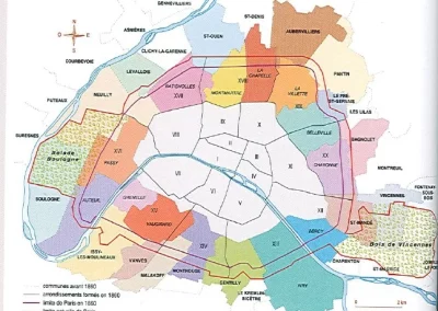 Plan de l'annexion des communes et de la nouvelle division de Paris en 20 arrondissements. Tous droits Parigramme