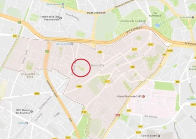Plan de Gentilly. L'îlot au coeur du coeur. Gentilly est coincée au coeur d'un triangle délimité par les deux branches de l'autoroute A 6 et le boulevard périphérique parisien.
