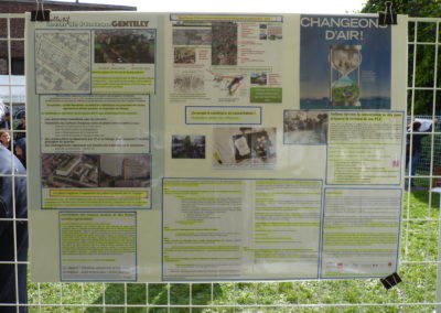 Poster n°4 : "Changeons d'air!" Disparition de plus de 3000 m2 d'espaces verts dans le quartier du Plateau ces dernières années et demain encore. ​ Un projet à construire en concertation (premières pistes) : on peut penser à organiser une concertation citoyenne sur des usages innovants en suivant cinq axes de réflexion qui répondent précisément aux objectifs d’innovation du concours de la Métropole du Grand Paris, tout en respectant nos préconisations initiales.