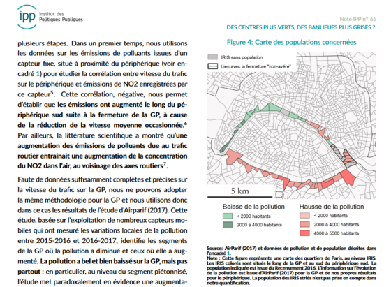 Source: AirParif (2017) et données de pollution et de population décrites dans l’encadré 1. Note : Cette figure représente une carte des quartiers de Paris, au niveau IRIS. Les IRIS colorés sont situés le long de la GP et au sud du périphérique sud. La population indiquée est issue du Recensement 2016. L’information sur l’évolution de la pollution est issue d’AirParif (2017) pour la GP et de nos propres résultats pour le périphérique. La population des IRIS striés n’est pas prise en compte dans notre quantification.