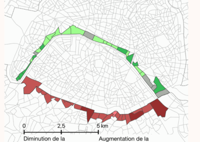 Des centres plus verts, des banlieues plus grises ? Note IPP n°65 - Mai 2021 Auteurs : Léa Bou Sleiman, Patricia Crifo, Benoît Schmutz https://www.ipp.eu/publication/mai-2021-des-centres-plus-verts-des-banlieues-plus-grises/ https://www.ipp.eu/wp-content/uploads/2021/05/n65-notesIPP-mai2021.pdf Source: AirParif (2017) et données de pollution et de population décrites dans l’encadré 1. Note : Cette figure représente une carte des quartiers de Paris, au niveau IRIS. Les IRIS colorés sont situés le long de la GP et au sud du périphérique sud. La population indiquée est issue du Recensement 2016. L’information sur l’évolution de la pollution est issue d’AirParif (2017) pour la GP et de nos propres résultats pour le périphérique. La population des IRIS striés n’est pas prise en compte dans notre quantification.