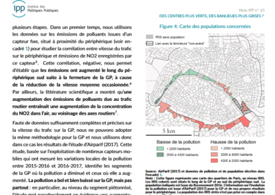 Source: AirParif (2017) et données de pollution et de population décrites dans l’encadré 1. Note : Cette figure représente une carte des quartiers de Paris, au niveau IRIS. Les IRIS colorés sont situés le long de la GP et au sud du périphérique sud. La population indiquée est issue du Recensement 2016. L’information sur l’évolution de la pollution est issue d’AirParif (2017) pour la GP et de nos propres résultats pour le périphérique. La population des IRIS striés n’est pas prise en compte dans notre quantification.